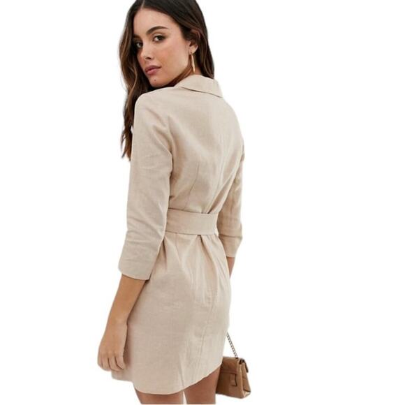 ASOS DESIGN linen mini tux dress with belt in stone sz 12 Large NWT - Picture 5 of 16